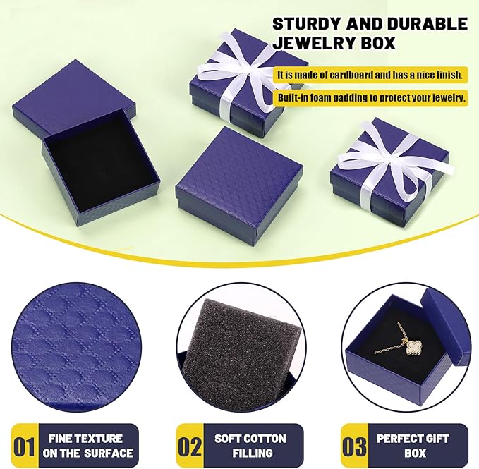 Glarks 12pcs Dark Blue 9 x 9 x 3CM Jewelry Gift Boxes with Pink Scissors and 1.5 x 225CM White Polyester Ribbon Set, Diamond Pattern Necklace Earring Bracelet Boxes Gift Case Ideal