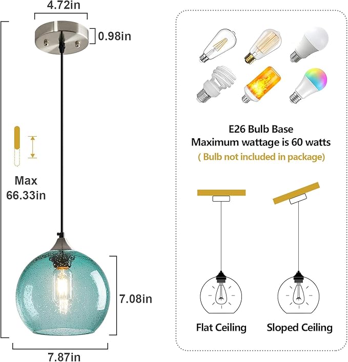 Light Blue Glass Pendant Lights Kitchen Island Lighting Globe Pendant Light Fixtures Modern Pendant Lighting for Bedroom Living Dining Room Light Fixture (7.87 in, 2 Pack)