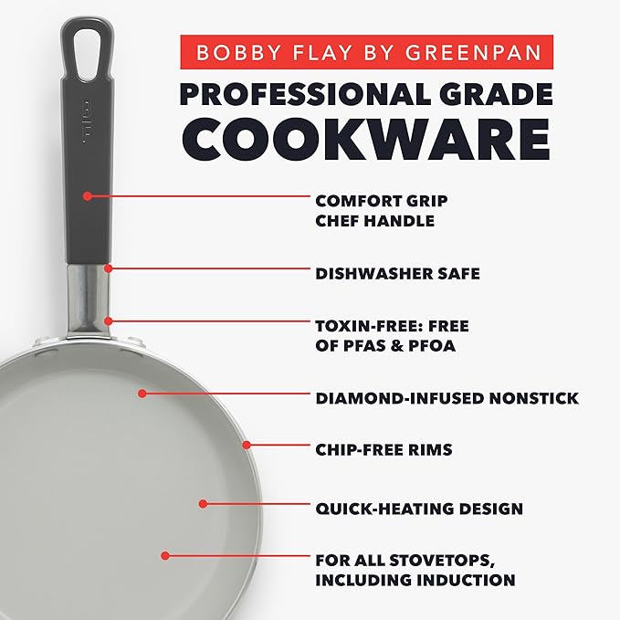 GreenPan x Bobby Flay 2 Piece- 8” and 10” Nonstick Frying Pan Skillet Set, PFAS-Free Diamond Ceramic, Induction Suitable, Stay-Cool Silicone Handle, Easy Clean Dishwasher & Oven Safe, Graphite