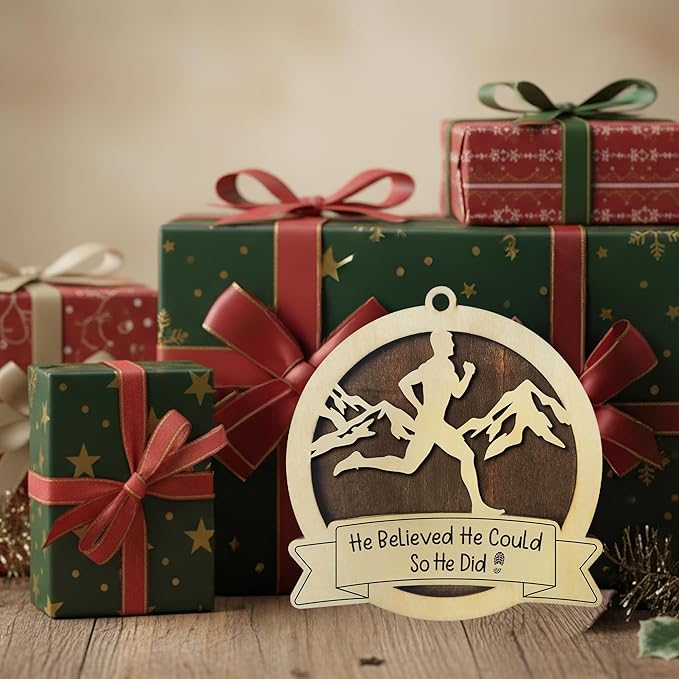 Running Christmas Ornament 2025-2 Layer Wooden Running Ornaments for Christmas Tree - Marathon Runners Wooden Xmas Tree Hanging Decor - Runner Ornament 2025 - Gifts for Runners, Cross Country Athlete
