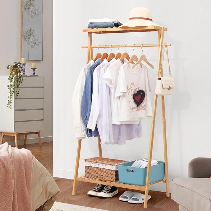 Bamboo Clothing Garment Rack with 2 Tier Storage Shelf Clohes Hanging Stand Portable Closet Organizer for Bedroom Small Apartment Guest Room Laundry Room