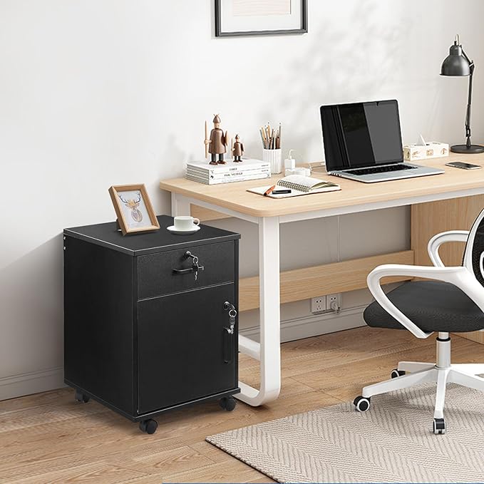 Mobile File Cabinet with Lockable Drawer & Door, Under Desk Storage Cabinet with 360°Swivel Wheels, Wooden Stationery Storage Cabinet for Legal/Letter/ A4 Documents (Black)