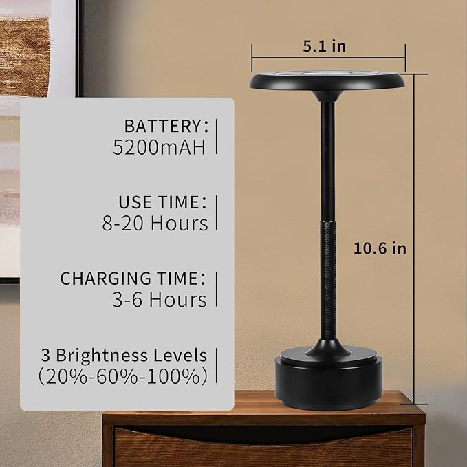 Small Table Lamp With 5200mah Battery - Rechargeable Desk Lamp For Cozy Nights, Usb-C Fast Charging & Stepless Dimming, Cordless Table Lamp With 3 Lighting Modes For Bedroom, Office & Travel(Black)