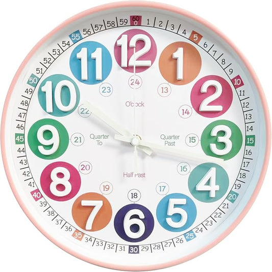 Learning Time Clock for Kids,12 Inch 3D Numbers Colorful Clock Face Silent Clocks，Bedroom,Kitchen,Classroom,Décor at School, Clear Digital Wall Clock for Kids Room(3D Peach Pink Luminous)