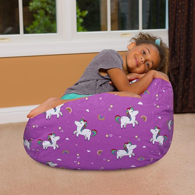 Posh Creations Bean Bag Chair for Kids, Teens, and Adults Includes Removable and Machine Washable Cover, 27in - Medium, Canvas Unicorn and Rainbows on Purple