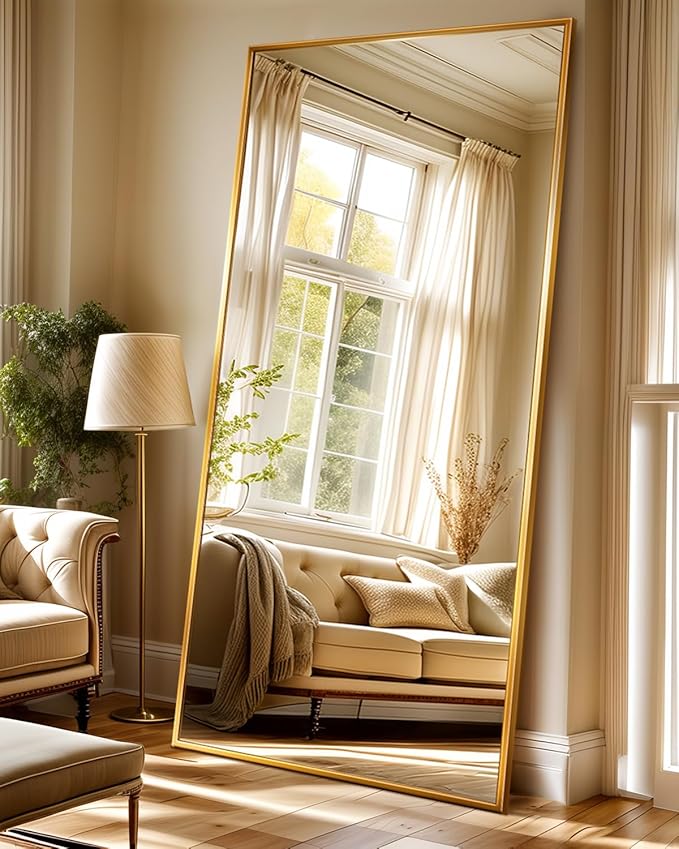 Antok Full Length Mirror, 71"x32" Floor Mirror with Stand, Hanging Mounted Mirrors for Bedroom, Living Room, Cloakroom, Dining Room, Gold, Rect