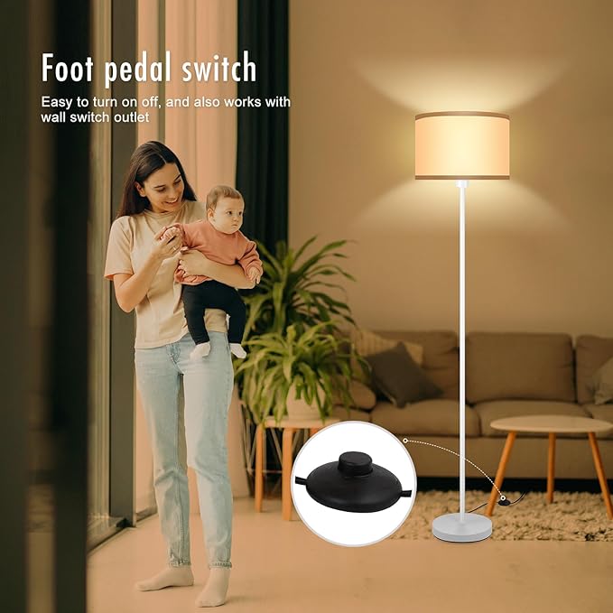Floor Lamp White, Standing Lamp, 58" Tall Floor Lamp with Lampshade, Foot Pedal Switch, Modern Small Floor Lamps for Living Room/Bedroom/Classroom/Kids Room, White Lamp for Girls' Gift(Without Bulb)