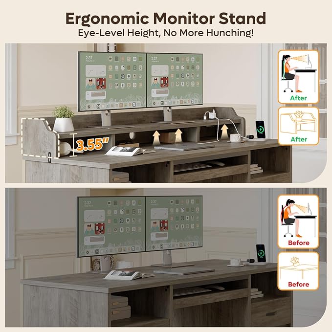 Bestier Farmhouse 59" Executive Desk with Drawers, Wood Computer Desk with Charging Station, Home Office Desk with Keyboard Tray & Monitor Stand, Sturdy Pedestal Desk for Work Study, Grey