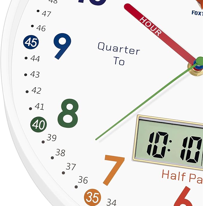 Foxtop Digital and Analog Learning Clock for Kids - Telling Time Teaching Clock 12 Inch Silent Non-Ticking Battery Operated Kids Wall Clock for Kids Room Playroom Nursery Classroom School (White)