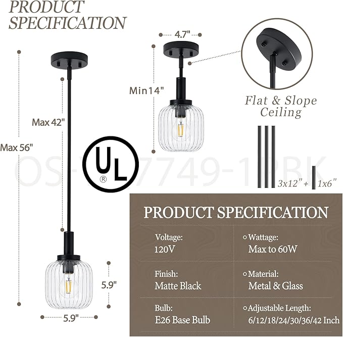 Glass Pendant Lights Kitchen Island 2 Pack, 5.9" Black Modern Pendant Light with Clear Glass and Rods, Mini Hanging Lighting for Kitchen Sink Bathroom Bedroom, OS-YQ7749-2PBK