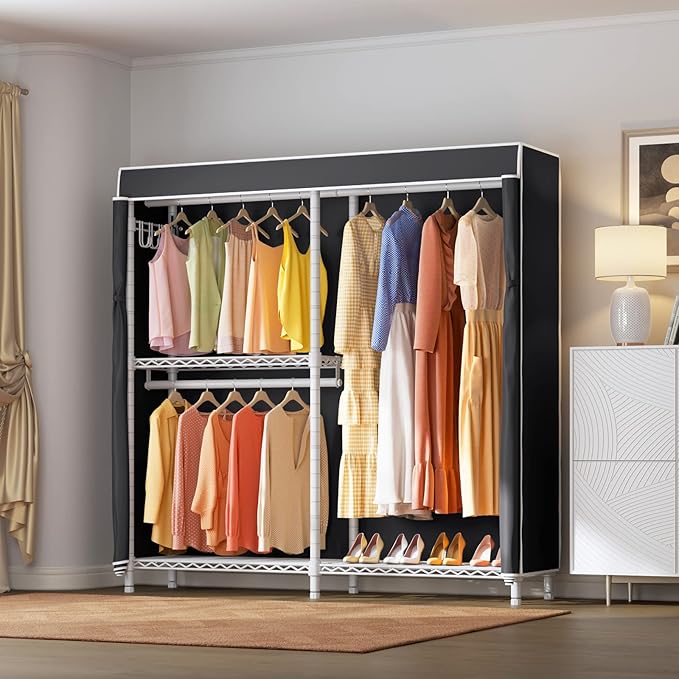 VIPEK V4C Garment Rack with Cover, Heavy Duty Portable Closet Adjustable Metal Clothing Rack for Hanging Clothes with Hanging Rods & Side Hooks, Max Load 810lbs, White Rack with Black Cover