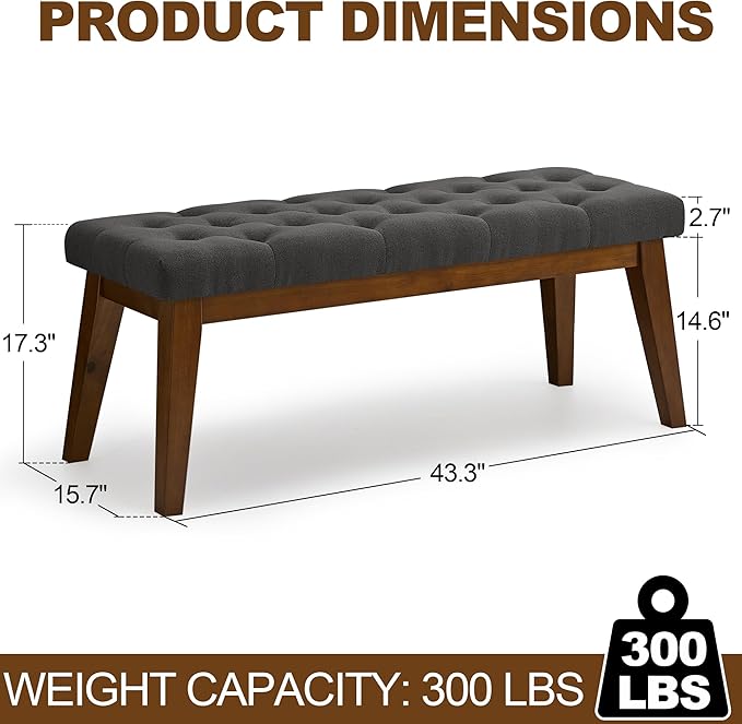 43.5'' Linen Bedroom Bench, Upholstered End of Bed Bench with Tufted Button, Padded Vintage Dining Bench, Entryway Bench with Solid Wood Legs, Kitchen, Living Room, Hallway, Dark Grey Tufted