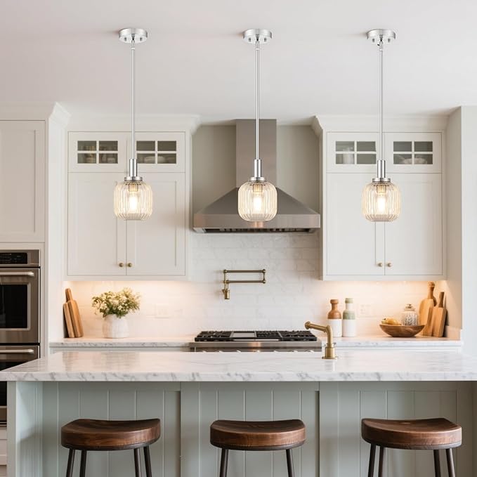 Brushed Nickel Pendant Lights Kitchen Island 2 Pack, 5.9" Modern Glass Pendant Light with Clear Glass and Rods, Mini Hanging Lighting for Kitchen Sink Bathroom Bedroom, OS-YQ7749-2PBN