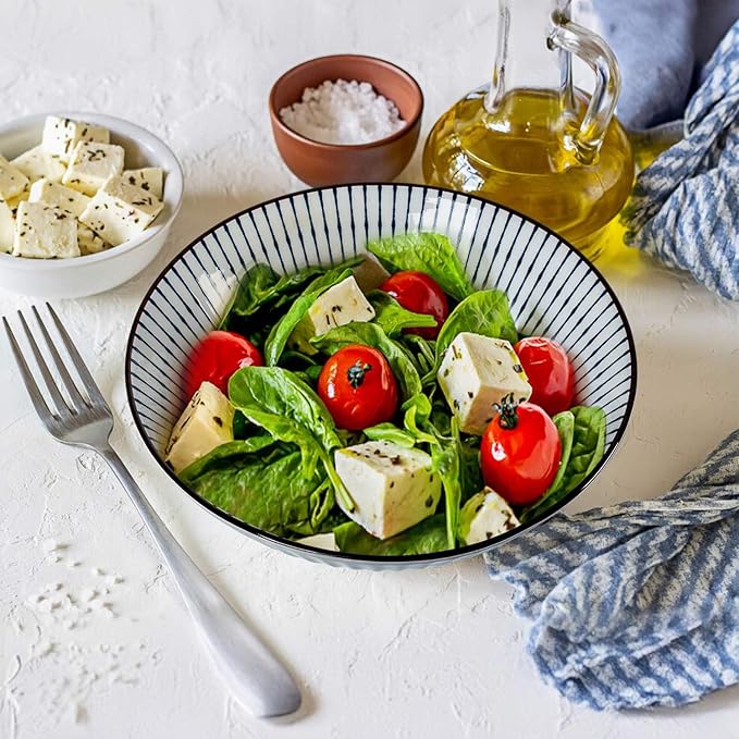 38 oz Japanese Ramen Bowl Set of 6 - Large 8 Inch Ceramic Soup Bowls, Blue and White Japanese Noodle Bowls for Pho, Ramen, and Salad - Striped Patterns