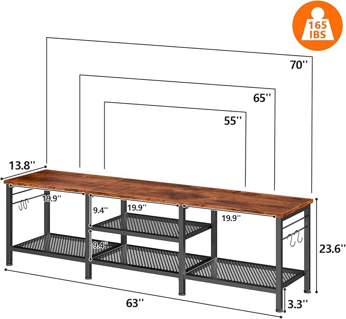 Furologee TV Stand for TVs up to 70 Inch, 63 Inch Entertainment Center with Open Storage Shelves, Television Stands with Soundbar Shelf for Living Room, Bedroom, Rustic Brown