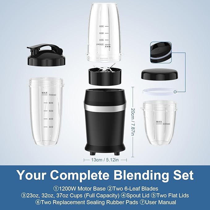 12-Piece Smoothie Blender Maker 25,000 RPM Personal Blender for Ice Crushing Smoothies & Frozen Drinks Nuts with 23oz, 32oz, 37oz Portable Cups Two 6-Leaf Stainless Steel Blades, Matte Black