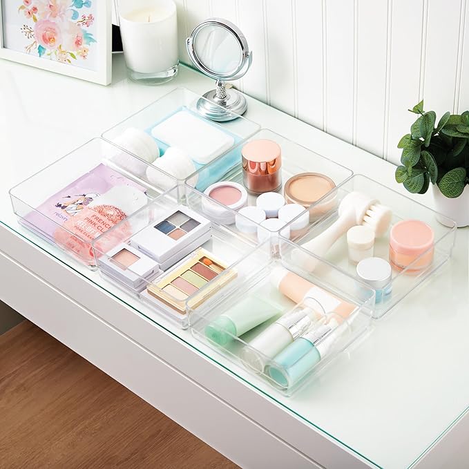 STORi SimpleSort 6-Piece Stackable Clear Drawer Organizer Set | 6" x 6" x 2" Square Trays | Small Makeup Vanity Storage Bins and Office Desk Drawer Dividers | Made in USA