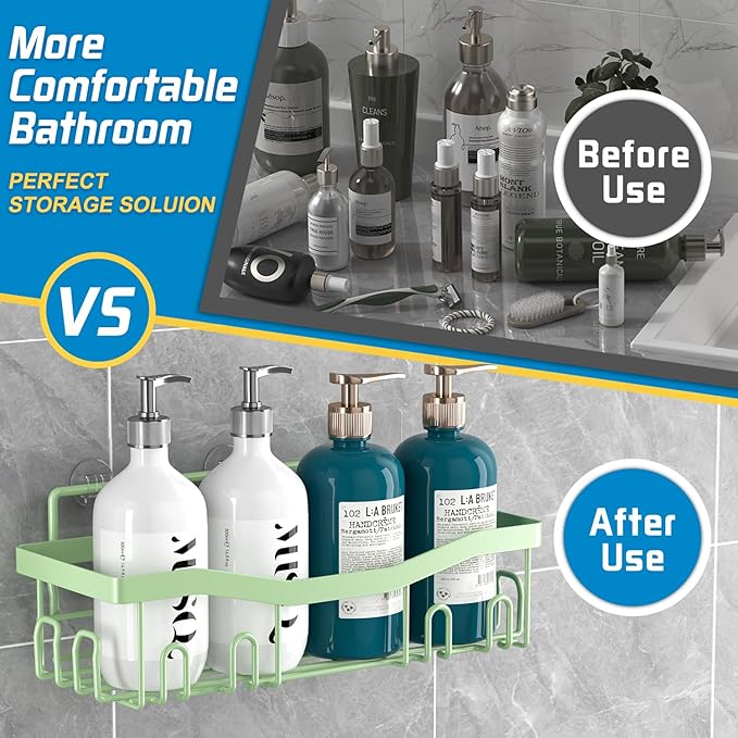 Adhesive Shower Caddy, No Drilling Bath Organizers 5 Pack, Rustproof Shelves with Soap Holder & Toothbrush Holder, Bathroom Organizers and Storage, Green