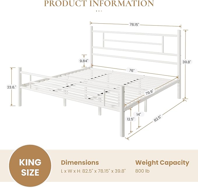 SHA CERLIN 14 Inch King Size Metal Bed Frame with Iron-Art Headboard and Footboard,Under Bed Storage Space,Platform Bed with Metal Slats Support,Easy Assembly,Noise Free,No Box Spring Needed,White