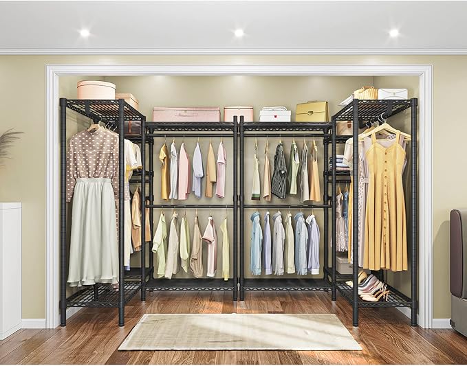 VIPEK L6 Garment Rack L Shaped Clothes Rack Heavy Duty Clothing Rack Metal Freestanding Closet with 7 Adjustable Shelves & 4 Hanging Rods 43.3"L x 43.3"W x 76.4"H, Max Load 750LBS, Medium Size, Black