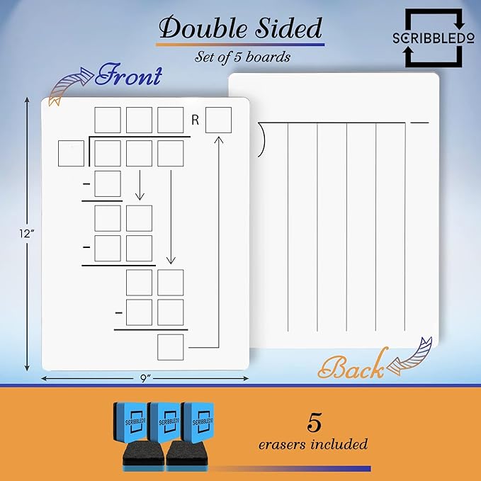 SCRIBBLEDO 5 Pack Dry Erase Division White Boards 9x12Inch Lapboard Double Sided Math Manipulatives Long Division Practice Lapboards for Kids Students, Classroom and Home 5 Whiteboard Erasers Included