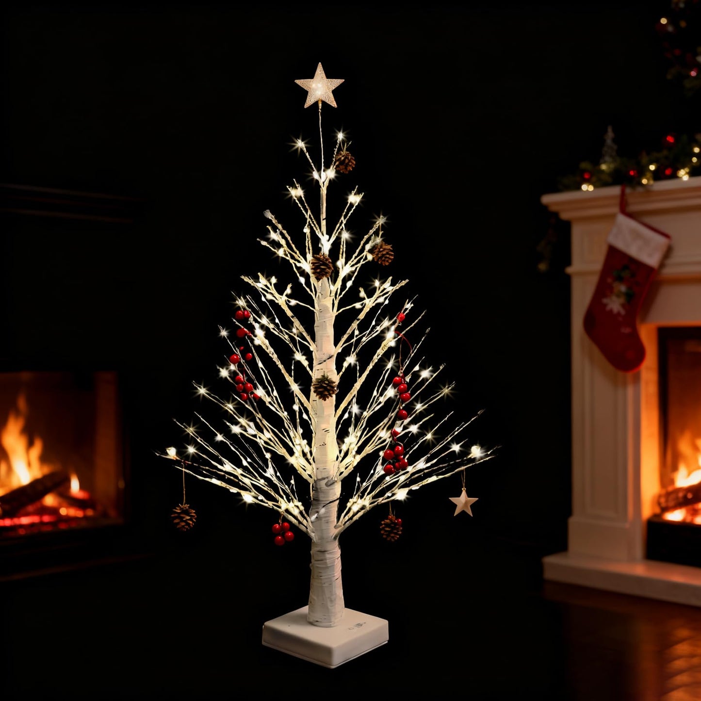 2FT Lighted Birch Tree with Warm LED Lights, Tabletop Christmas Tree, Mini Birch Tree with 218 LED Light, Battery & USB Powered Small Christmas Tree for Holiday Decoration