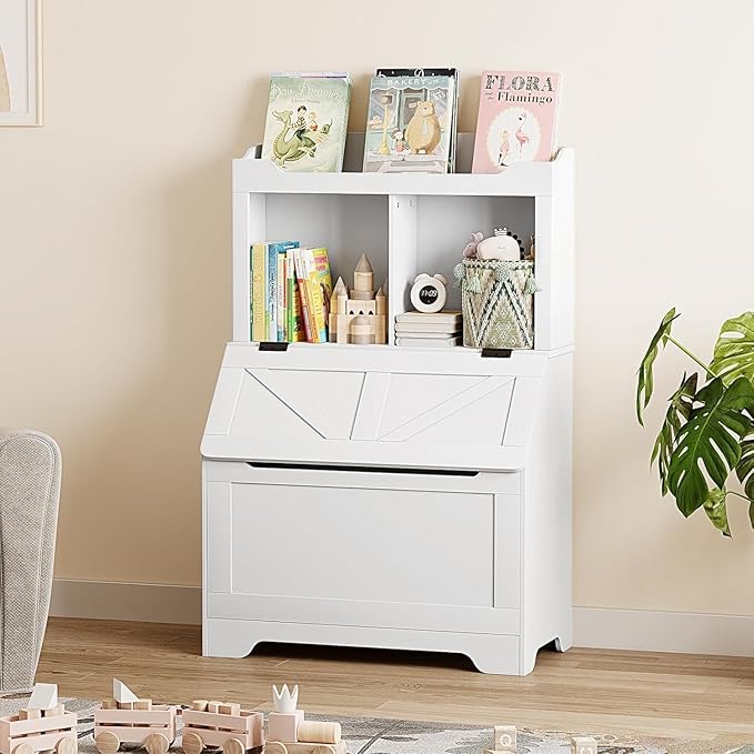 Spacious 3-tier Wooden Kids Bookcase and Toy Storage Organizer with Flip-Top Lid, Versatile Design for Playroom, Bedroom, Nursery, and Kindergarten - Child-Friendly Toy Chest Organizer