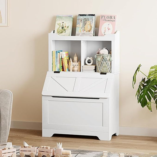 Spacious 3-tier Wooden Kids Bookcase and Toy Storage Organizer with Flip-Top Lid, Versatile Design for Playroom, Bedroom, Nursery, and Kindergarten - Child-Friendly Toy Chest Organizer