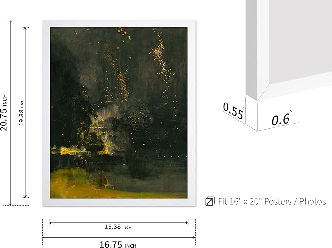 Poster Master Vintage Nocturne in Black and Gold Painting Poster - Retro The Falling Rocket Print - Abstract Art - Moody Art - Landscape Art - Office or Living Room Decor, 16x20 White Framed