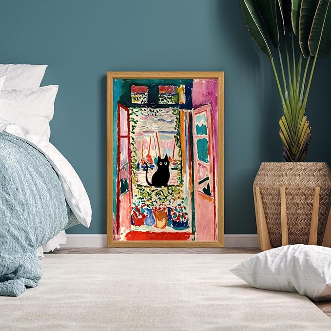 FASWQ Whimsical Black Cat Wall Art, Van Gogh Matisse Picasso Wall Decor, Funny Bathroom Canvas Paintings, Cute Animal Aesthetic Pictures for Living Room Kids' Room Wood Framed Ready to Hang 16"x24"x3