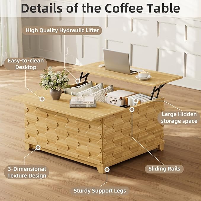 31.5'' Lift Top Coffee Table with Storage, Square Coffee Table for Living Room with Hidden Storage, Foldable Table with Embossed Texture, Dining Table for Coffee, Office, Dining, Natural