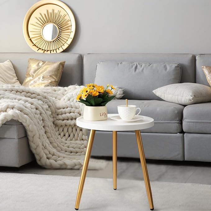 danpinera Round Side Table, Metal Legged Accent Table with Wooden Tray, Small Round End Table for Living Room, Bedroom, Nursery, White & Gold