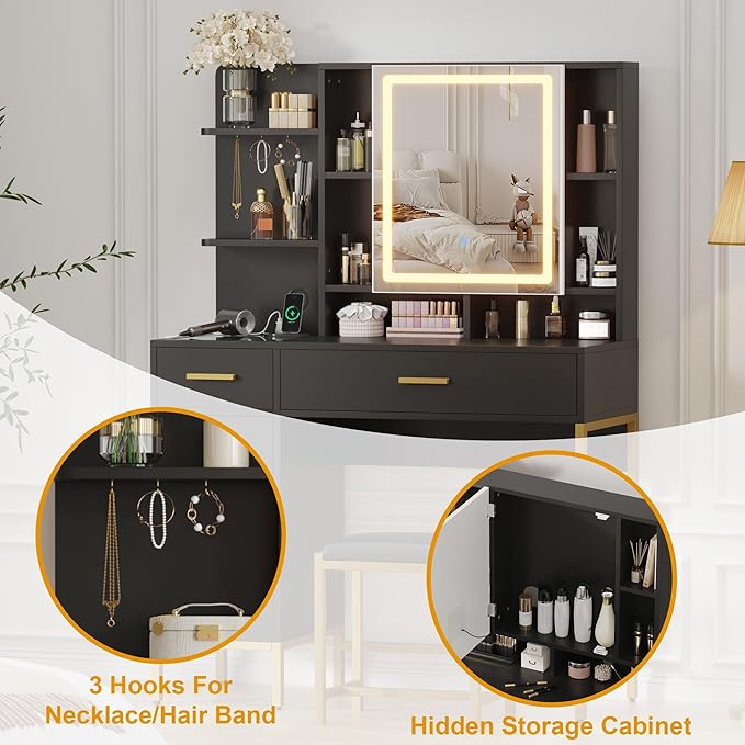 IDEALHOUSE Vanity Desk with Mirror and Lights, 42.5" Makeup Vanity Set with Stool, Makeup Table with Mirror Cabinet and Chair, Drawers & Shelves, Dressing Table with Outlet for Bedroom, Black