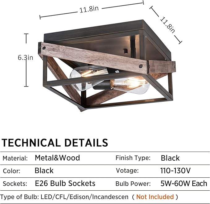 MAYNA 2-Light Rustic Ceiling Light Fixture, Farmhouse Flush Mount Ceiling Light, Metal and Wood Square Ceiling Lamp for Hallway Living Room Farmhouse, Antique Bronze Finish