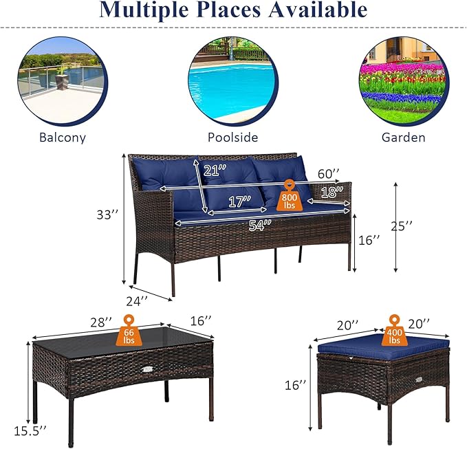 Tangkula 3 Pieces Patio Conversation Set, All Weather Outdoor PE Rattan Wicker Furniture Set with Padded Cushions, Tempered Glass Coffee Table, for Poolside, Backyard, Garden (Navy)