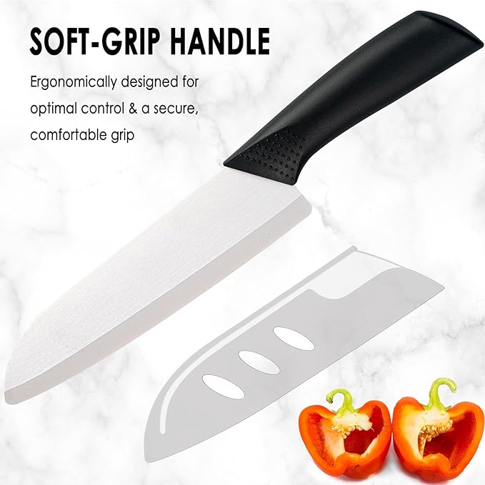 7-inch Ceramic Santoku Knife with Cover - Light, Precise, Sharp Ceramic Knife - Japanese Chef's Kitchen Knives with Gift Box