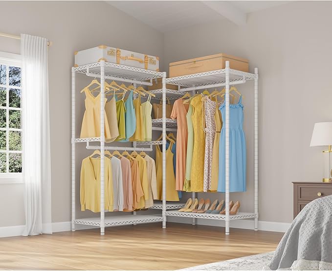 VIPEK L6 Heavy Duty Clothes Rack L Shape Clothing Rack 5-Tier Wire Garment Rack Freestanding Closet with 7 Adjustable Shelves & 4 Hanging Rods, 42" L x 42" W x 76.4" H, Max Load 850LBS, White