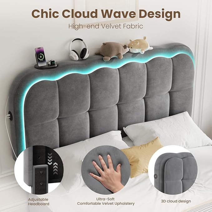 Full Size Bed Frame with 4 Storage Drawers and LED, Adjustable Clouds Headborad, Velvet Upholstered Platform Full Bed Frame with Charing Station, Wood Slats Support, No Box Spring Needed,Grey
