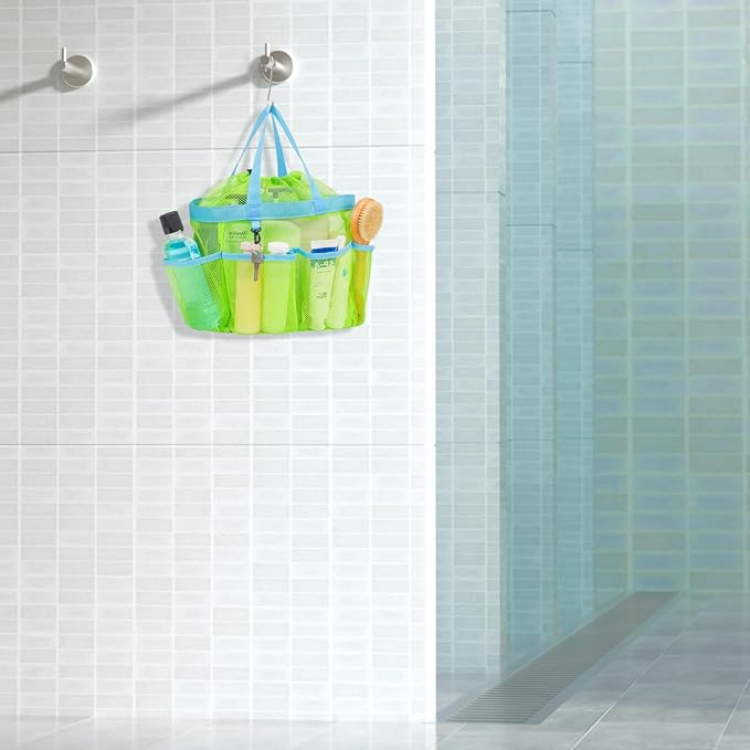 F-color Mesh Shower Caddy Portable with Drawstring - Upgrade Deeper 7 Pockets Dorm Room Essentials for Guys Girls with S Hook, Shower Bag Basket Tote for College Camping Toiletry Bathroom, Green