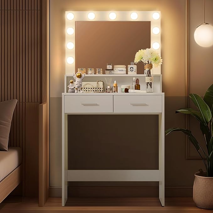 MIRROTOWEL Vanity Desk with Mirror and Lights, Dressing Table with Large Drawer, 2 Level Storage Dresser & 3 Lighting Modes Adjustable Brightness, Suitable for Bedroom