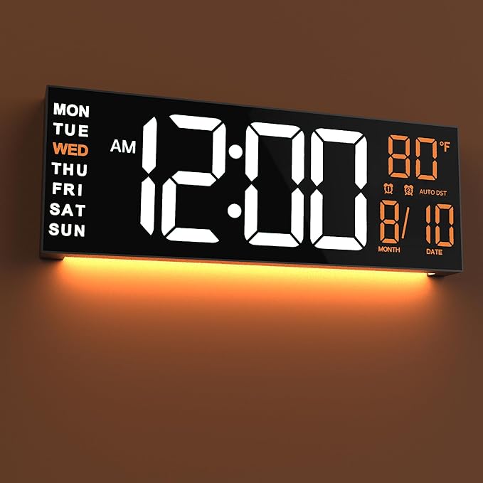 JALL 16" Large Digital Wall Mount Clock, Count Down Timer, Alarm, Big LED, RGB Color, DST, Temperature for Living Room Classroom Desk, Xmas, Birthday Gift for Senior Mom Dad (White Orange, 16 inches)