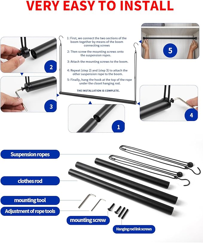 Closet Rods for Hanging Clothes 44'' Black Stepless height adjustment Heavy Duty Closet Rod for Optimize closet storage and organizing space