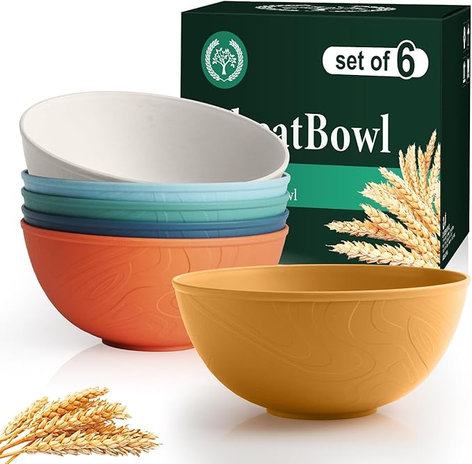 Homienly Wheat Straw Bowls Set of 6, 40 OZ Cereal Bowls for Kitchen, Unbreakable Soup Bowl with Unique Texture, Alternative to Plastic Bowl for Decoration, Microwave & Dishwasher Safe, Reusable,Multi