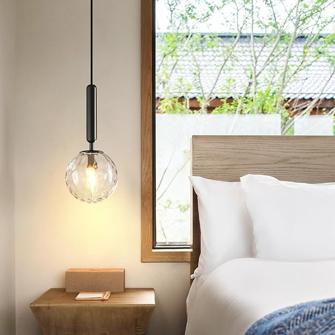 Modern Black Pendant Light Hanging Fixture Light for Kitchen Island Mid Century with Globe Pendant Light Clear Glass Pendant Lighting for Living Room Bedroom Entryway (2 Pack)
