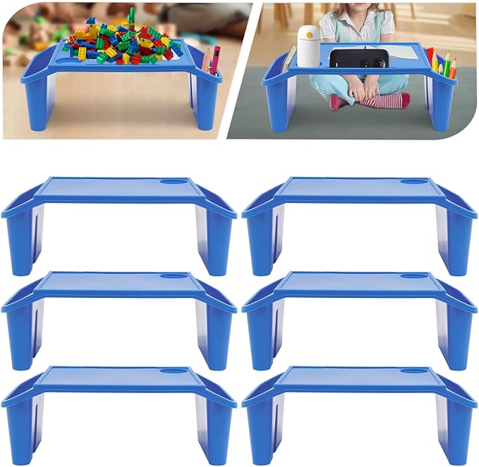 6 Pcs Kids Lap Desk Tray, Plastic Breakfast Lap Desk Trays with Side Pockets and Slot, Portable Lap Table Snack Tray for Eating, Writing, Drawing, Game, 19.69" L x 9.84" W x 7.1" H (Blue*6)