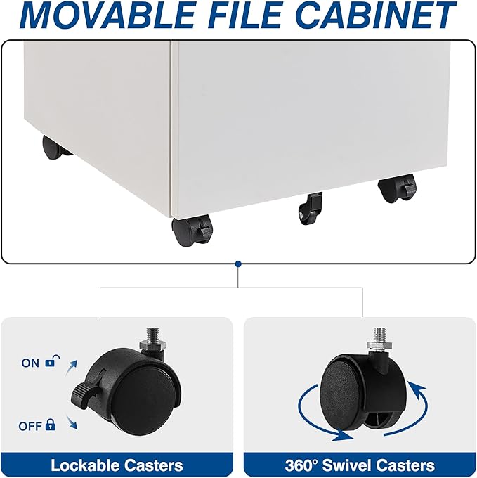 3 Drawer Vertical File Cabinet, Mobile Filling Cabinet with Lock for Legal/Letter Size, Pre-Built Office Storage File Cabinet with Wheels Under Desk - Fully Assembled