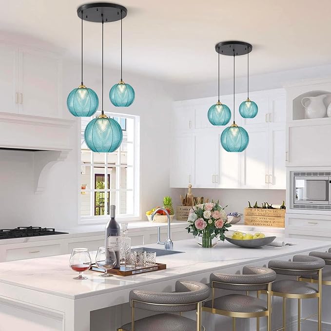 KCO Lighting Modern 3-Light Blue Striped Glass Pendant Light Fixture Nordic Glass Ball Cluster Chandelier Vintage Large Globe Pendant Lighting Mid-Century Black Island Light for Kitchen