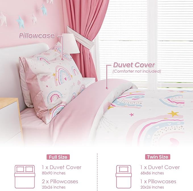 SANDJEST Rainbow Duvet Cover Sets Full Size for Kids Girls, Incude 1 Polyester Comforter Cover 80x90 Inches and 2 Pillowcases 20x26 Inches, Comforter Not Included, Gift for Christmas Birthday