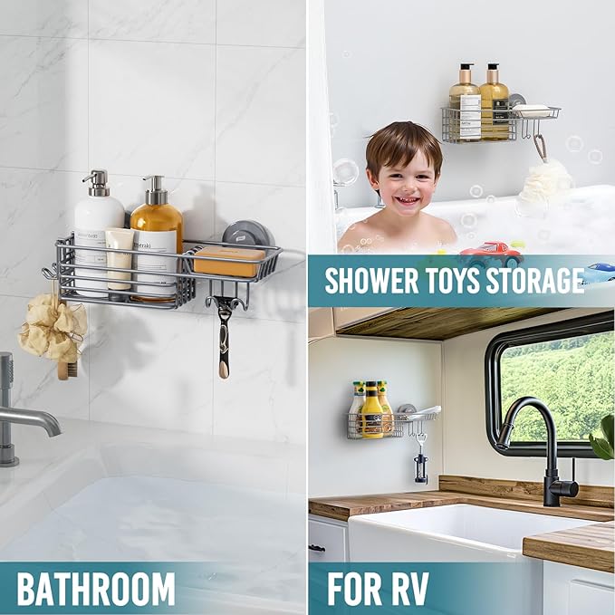 TAILI Shower Caddy Suction Cup with Hooks & Soap holder, Heavy Duty Bathroom Shower Organizer, No Drilling Shower Shelves for Inside bathroom, Metal Black Storage Basket-Grey