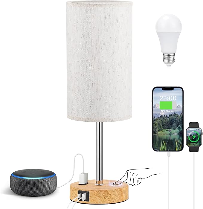 Touch Table Lamp - Cream, 3-Way Dimmable, USB A + C Charging, AC Outlet, 17.4inch Medium, Wood Grain Base